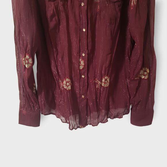 Roper Womens Purple Floral Embroidered Metallic Sheer Pearl Snap Button Shirt Lg - Picture 3 of 15